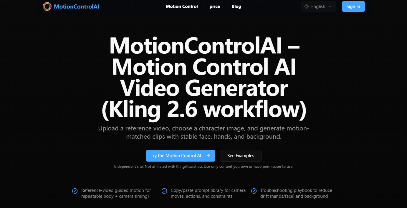 MotionControlAI – Motion Control AI Video Generator (Kling 2.6 workflow)