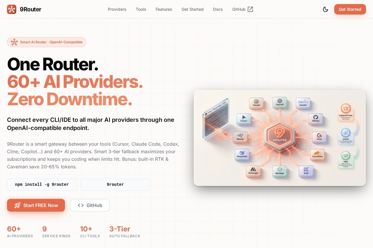 9Router - Free AI Router | Smart Fallback for Claude, Codex 智能路由 截图
