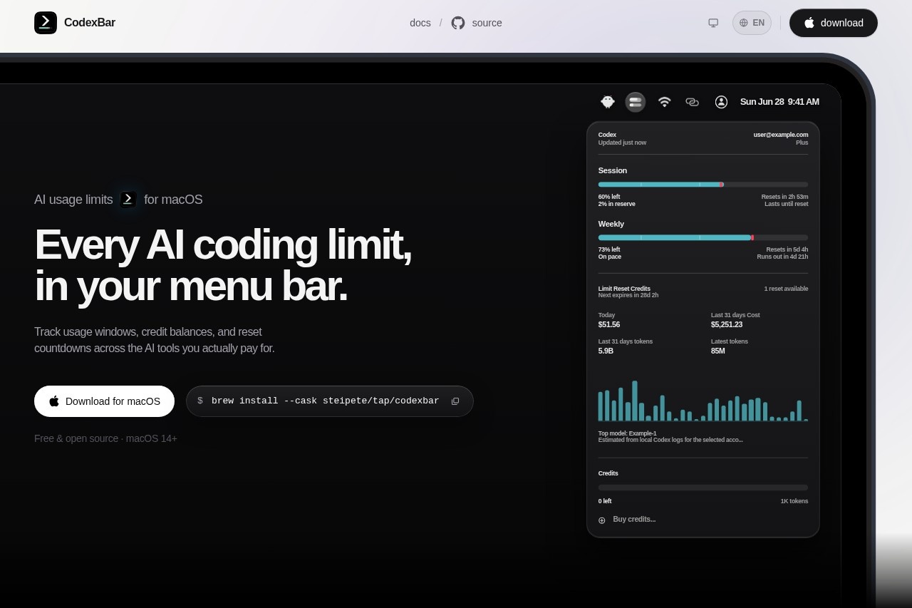 CodexBar — every AI coding limit, in your menu bar 截图